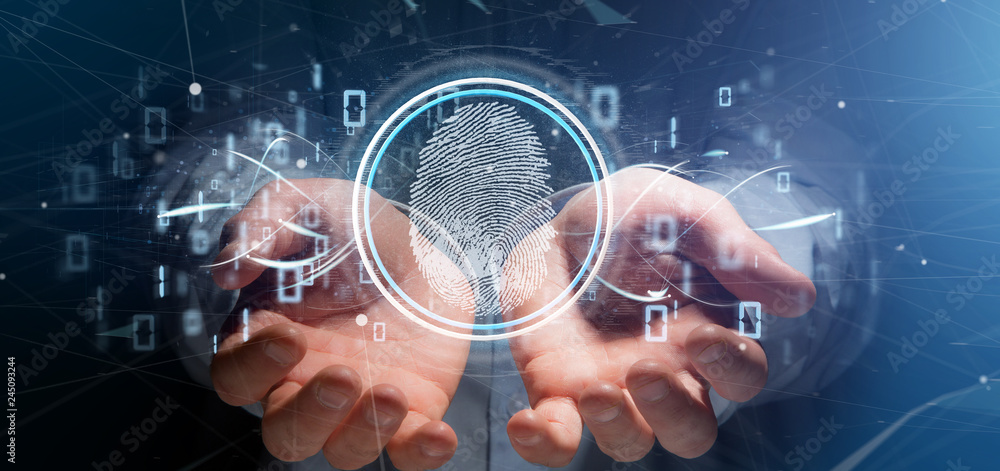 Poster businessman holding a digital fingerprint identification and binary code 3d rendering