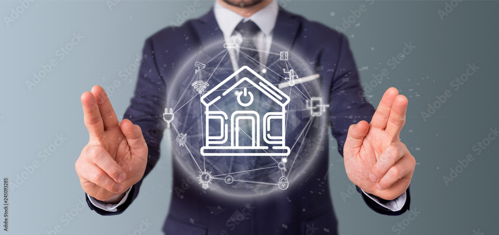 Poster businessman holding smart home interface with icon, stats and data 3d rendering