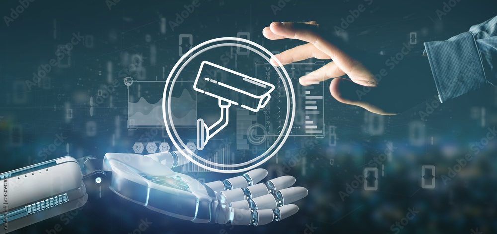 Poster cyborg holding security camera system icon and statistics data - 3d rendering