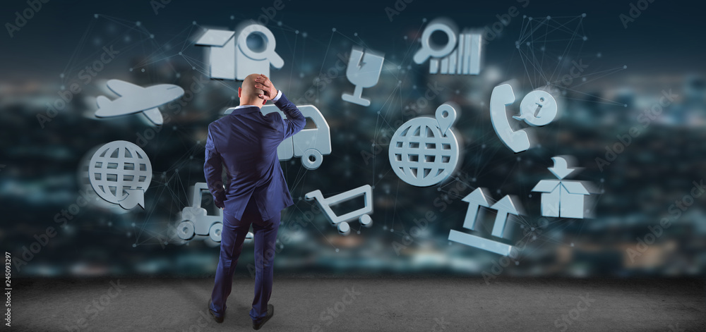 Poster businessman in front of a logistic organisation with icon and connection 3d rendering
