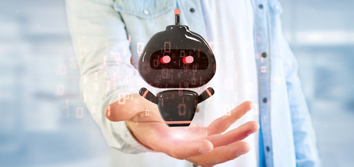 Businessman holding Virus chatbot with binary code 3d rendering