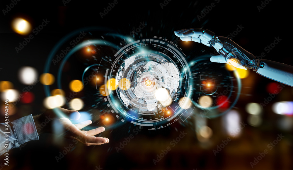 Aufkleber white cyborg hand using digital datas interface 3d rendering