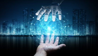 Robot hand and human hand touching digital world 3D rendering