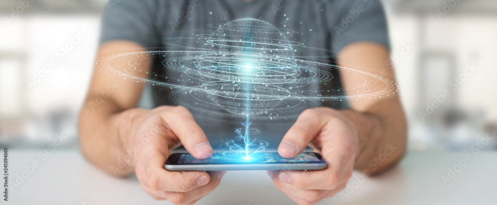Poster businessman using digital sphere connection hologram 3d rendering