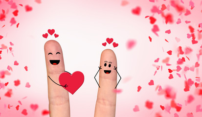 Happy finger couple in love celebrating Valentine’s day