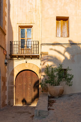  Ibiza, Spain, beautiful ancient door of Eivissa city, typical street in the village 