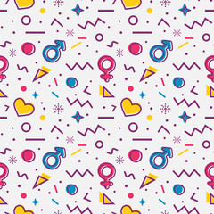 Seamless pattern with gender symbols and hearts. Vector.