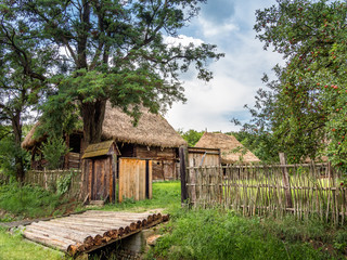 Entry into the yard of an very old house with roof of straw in Apuseni Mountains. Past life in the country in Transylvania,  Romania.  Old wooden house with roof of straws from Transylvania.