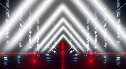 Abstract black tunnel with a light pyramid, neon triangle, smoke, wet asphalt, night view.