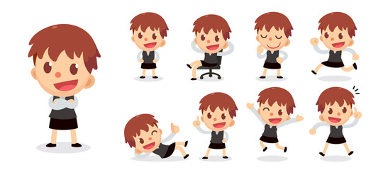 Set of tiny businesswoman character in actions. White woman with short brown hair.