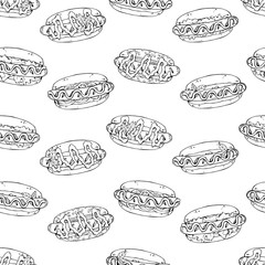 Pattern of vector illustrations on the fast food theme; set of different kinds of hotdogs. Isolated objects for your design.
