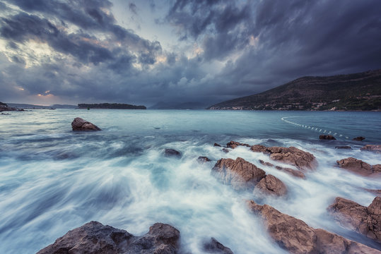 Dramatic sunset seascape before storm, Lapad bay a part of Dubrovnik, Dalmatia, Croatia