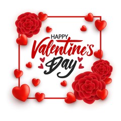 Valentine's Day banner with lettering,hearts and flowers. Vector romantic greeting card. 