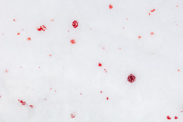 Red blood on white snow as a background