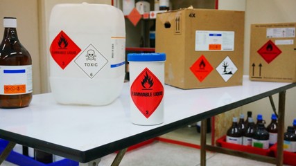 Variety type of chemical container with  many of chemical hazard warning symbols. Flammable warning symbol, Toxic warning symbol, Hazardous to the Environment symbol. - obrazy, fototapety, plakaty