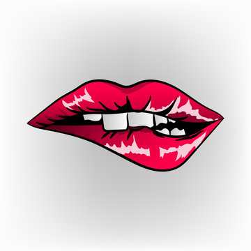 Big red lips track on white background. Sexy biting lips. Red mouth with white teeth isolated on white. Female beautiful lips with red lipstick. Vector illustration of sensual lips and ideal teeth