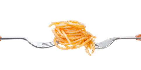 Delicious pasta on fork against white background