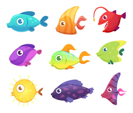 Cartoon fish. Underwater ocean sea animals for games vector pictures. Illustration of underwater fish for game, sea and aquarium life