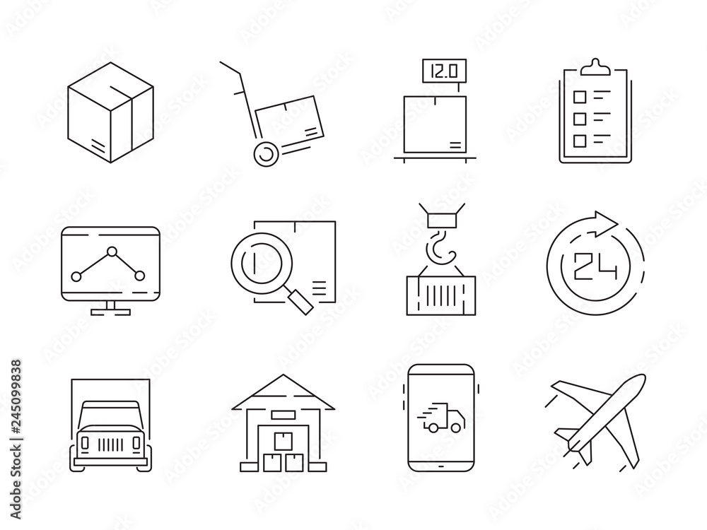 Poster logistic icon set. warehouse delivery boxes containers and transport crane ship vector thin line sym