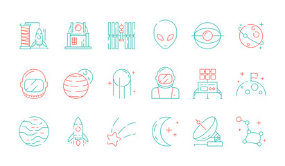 Space colored icon. Astronomy collection universe discovery astronaut alien shuttle rocket lunar radar vector futuristic symbols. Outline astronaut and alien, launch station illustration