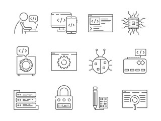 Programmer icon. Coder web dev worker bug fixes nodes qa system testing engineering vector thin line symbols. Illustration of programming and testing