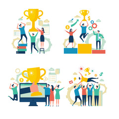 Successful business people. Working people managers rewards victory attainment estimates concept vector scenes business characters. Businessman successful worker, reward businesspeople illustration