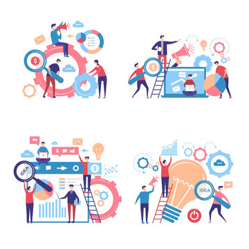 Promotion characters. Business people advertise announcing campaigns through pas vector concept pictures. Illustration of business strategy and promotion, announcing campaign megaphone