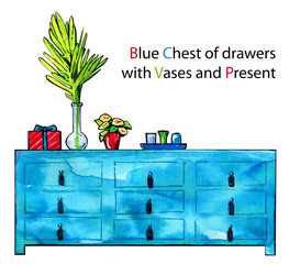 Wooden chest Vase Flowers gift isolated watercolor blue