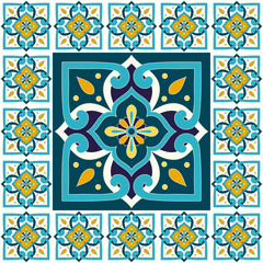 Spanish tile pattern floor vector with vintage mosaic print. Big ceramic element in center is framed. Background with portuguese azulejos, mexican talavera, italian sicily majolica motifs.