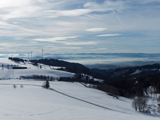 Gersbach. Öschgraben wald mit seinen Windkraftanlagen und die Schweizer Alpen mit dem „Dreigestirn“ Eiger, Mönch und Jungfrau zu sehen