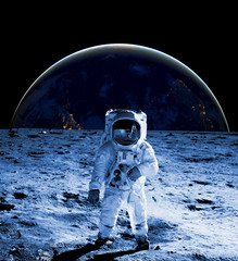 astronaut walk on the moon wear cosmosuit. future concept