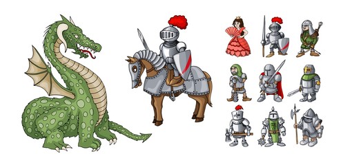 Fairy tales cartoon characters. Fantasy knight and dragon, princess and knights © Andrew