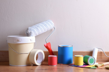 Painting tools for home composition with white wall background