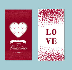 Happy valentine day postcard template set design. Love holiday poster or greeting card in funny cartoon style.