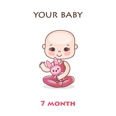 Monthly infant development. Stages of child development in the first year of life. Seven months baby. Colorful vector Illustration isolated on white background