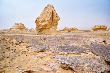Fototapeta na wymiar Beautiful abstract nature rock formations aka sculptures Chicken and Mushroom at sunset in Western White desert, Sahara. Egypt
