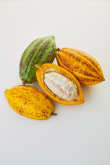 Fresh cocoa fruits with green leaf on white background