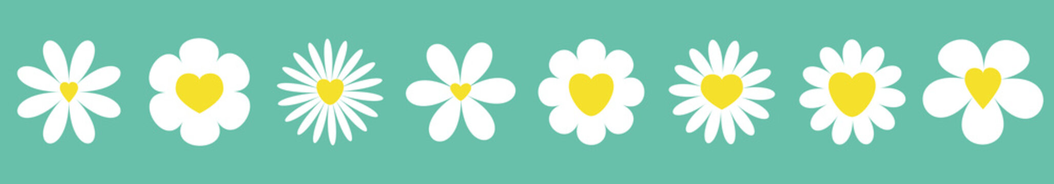 White Daisy Chamomile Set Line. Camomile Icon. Cute Round Flower Plant Collection. Yellow Heart Center. Growing Concept. Love Card Symbol. Flat Design. Green Background. Isolated.