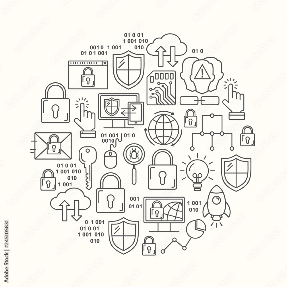 Poster vector line style internet security pattern. general data protection linear concept. web privacy and