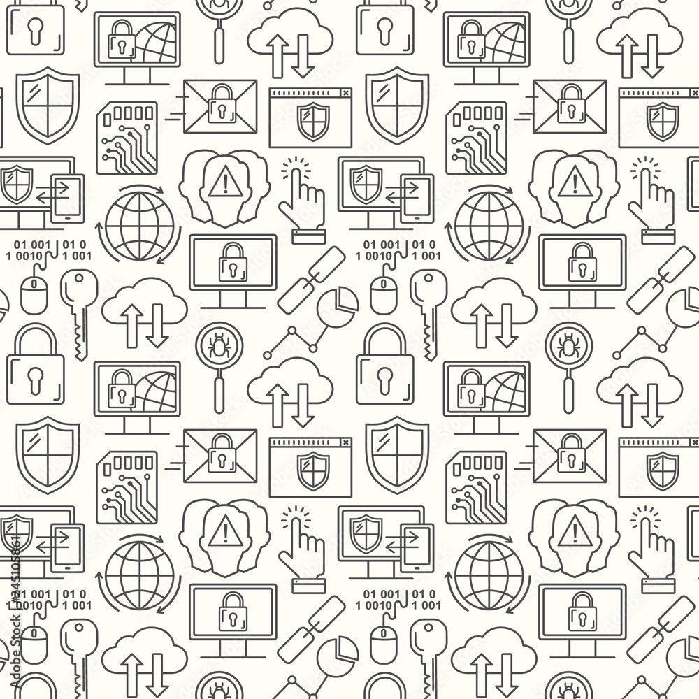 Poster vector line style seamless internet security pattern. general data protection linear concept. web pr