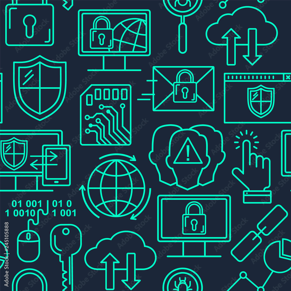Poster vector line style seamless internet security pattern. general data protection linear concept. web pr