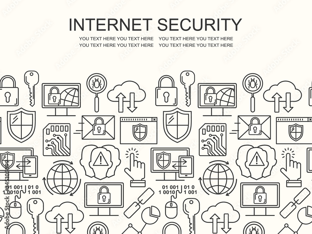 Poster vector line style seamless internet security pattern. general data protection linear concept. web pr