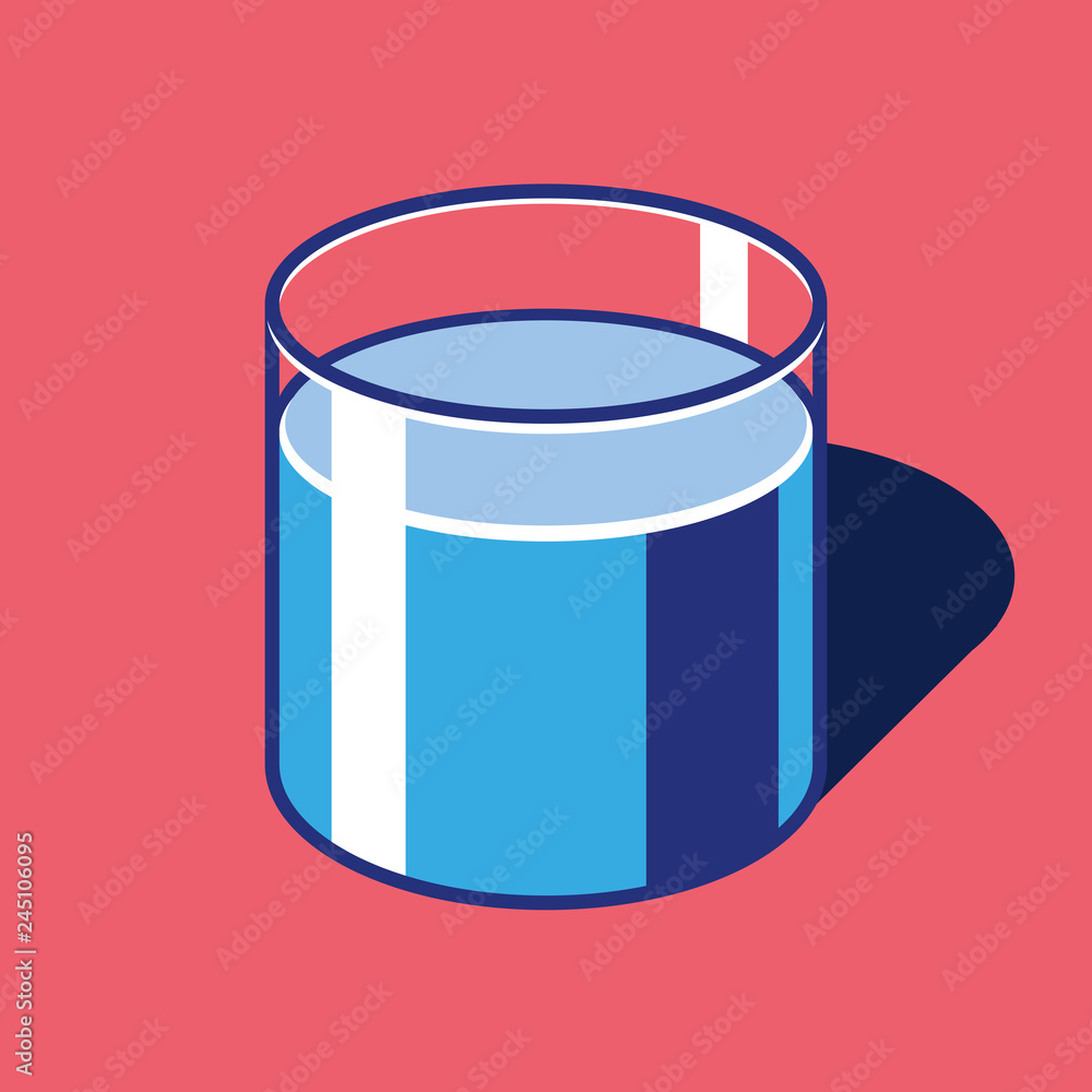 Poster transparent glass of water with flat style. cup on color background. simple volume vector object for