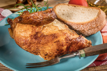 Pieces of roast chicken.