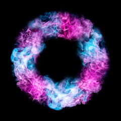 Fluffy Puffs  blue and pink smoke and Fog in the form of a a circle  on Black Background. Fantasy print for clothes: t-shirts, sweatshirts..