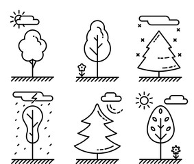 Different kinds of trees in line art style. The weather and times of year. Vector illustration of plants and nature. Ecosystem icon set. 