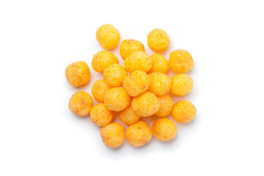 Delicious crispy Cheese ball in paper bucket isolated on white background, Cheese  ball or cheesy puffs on white With clipping path. Stock Photo