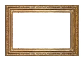 Golden frame for paintings, mirrors or photo isolated on white background	