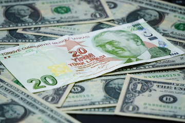 Fototapeta na wymiar Us dollar and Turkish lira banknotes template texture background