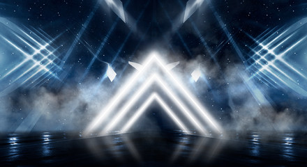 Abstract black tunnel with a light pyramid, neon triangle, smoke, wet asphalt, night view.